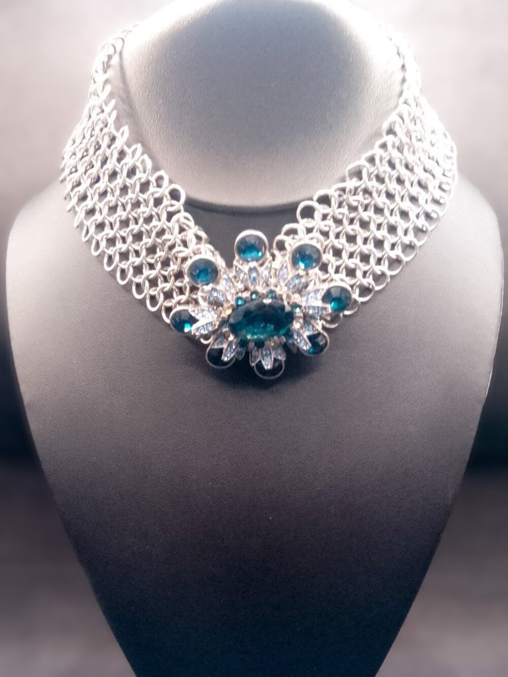 Floral Statement Choker Necklace Blue Glass Rhinestones Wide Mesh Chain Unique